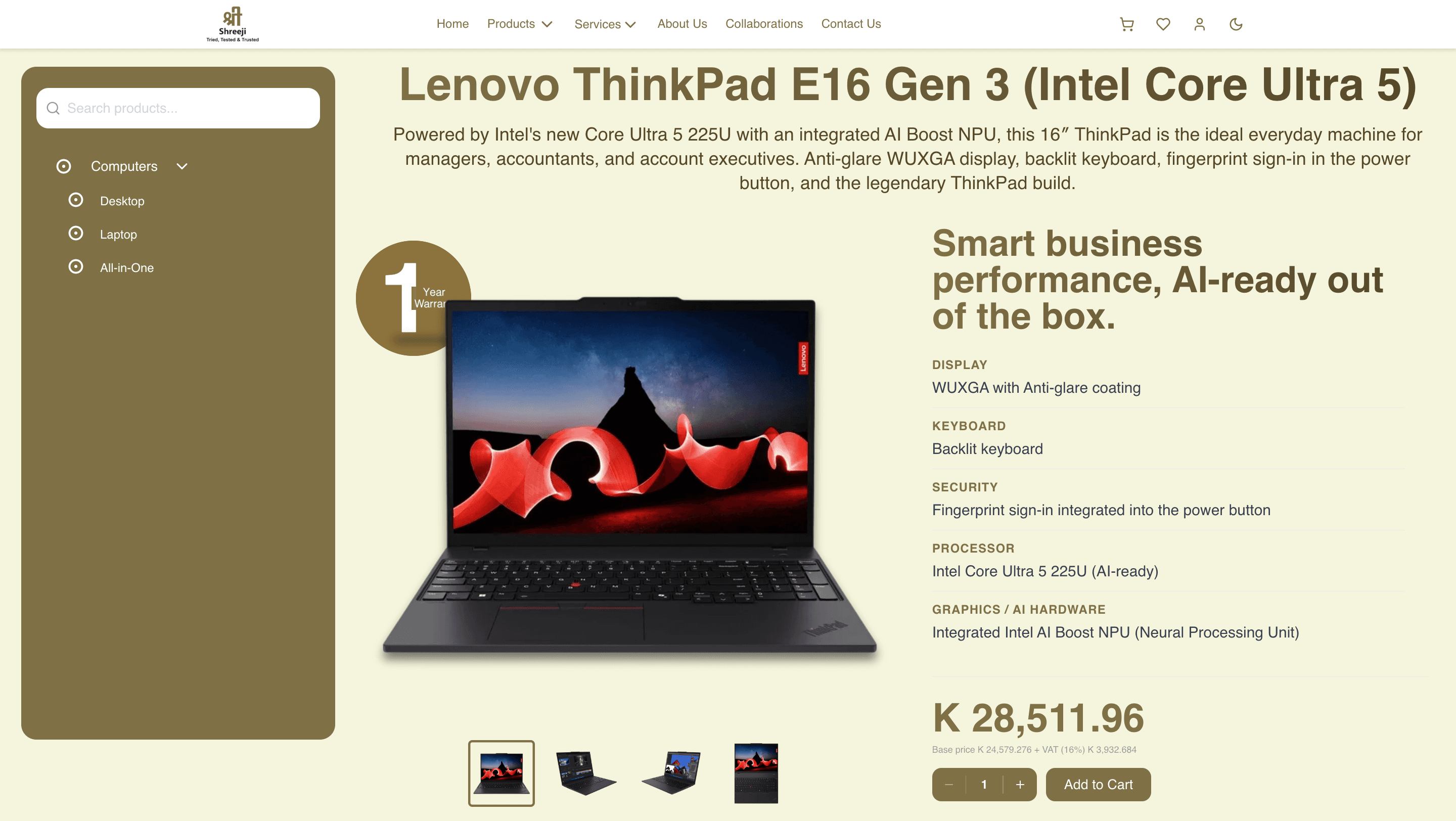 Product page for a Lenovo ThinkPad, with a spec table and a kwacha price broken into base cost and VAT