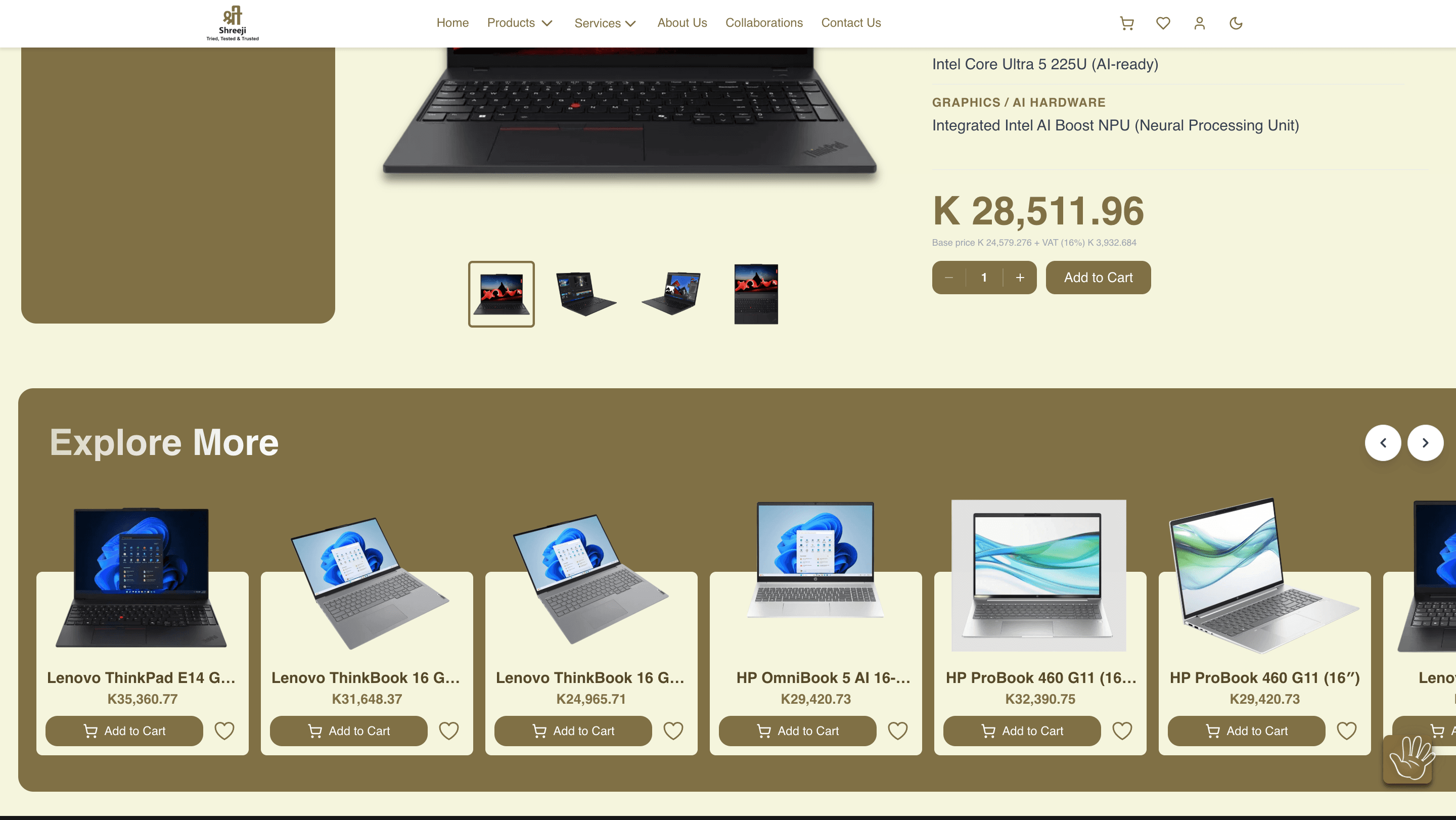 Related products carousel below a product page, each card priced with an add-to-cart button
