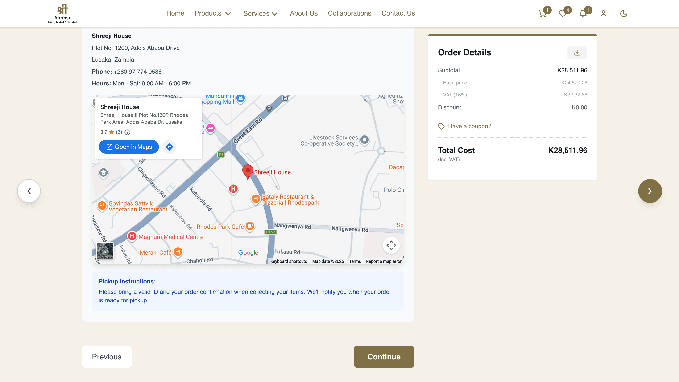 Checkout collection step showing the Lusaka pickup address on a map, pickup instructions, and an order total