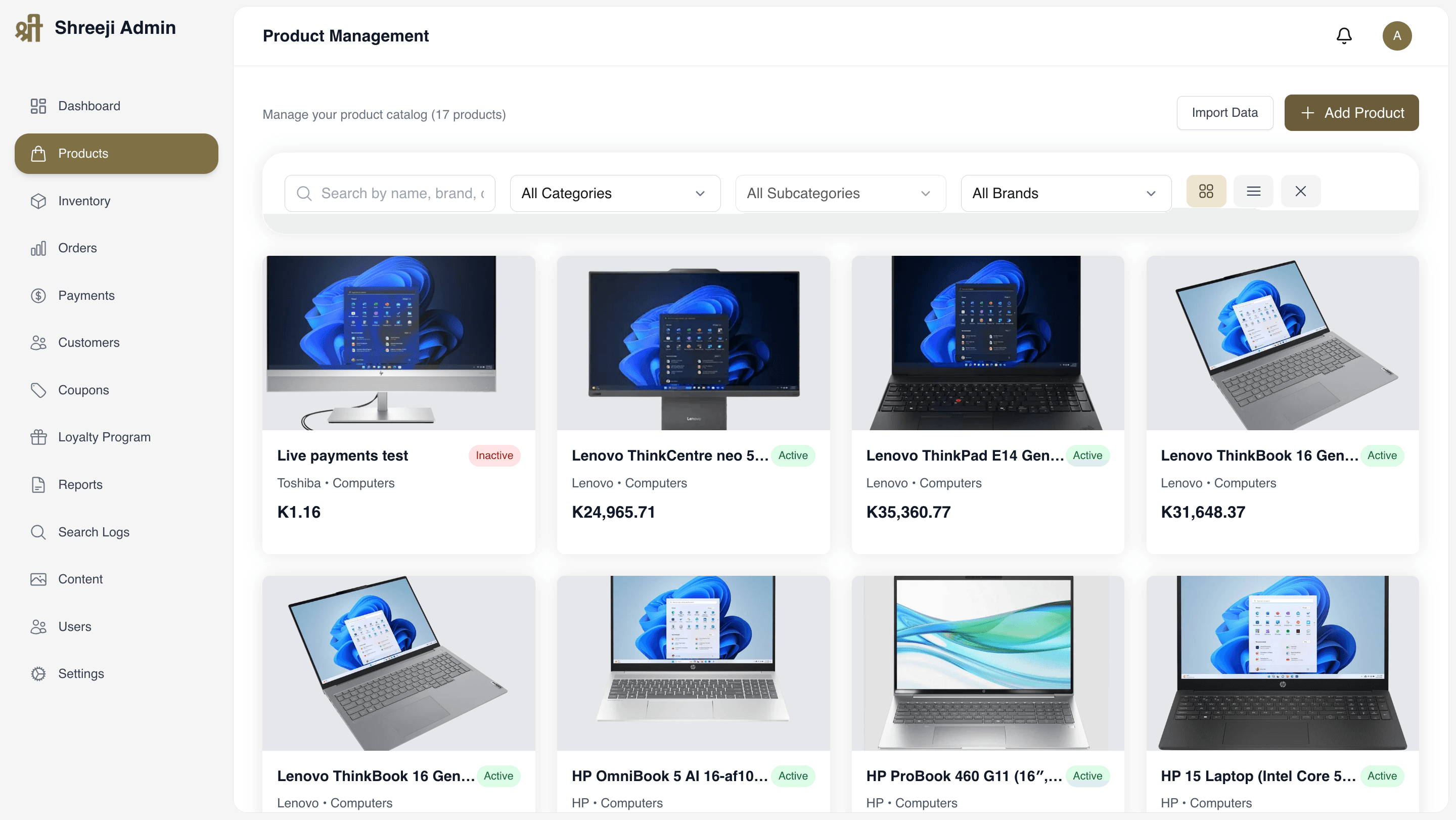 Admin product catalogue as a filterable grid of products with active and inactive status badges