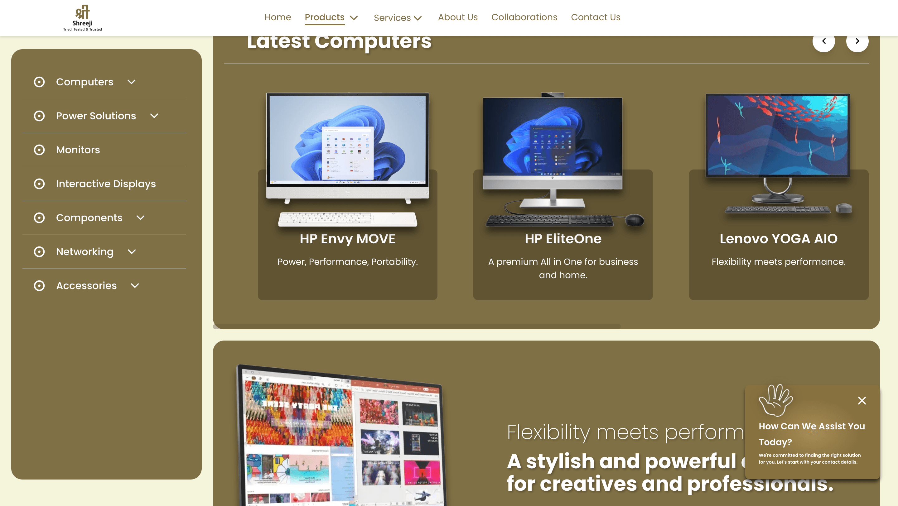 Shreeji storefront browsing computers, with a category sidebar and a row of featured all-in-one machines