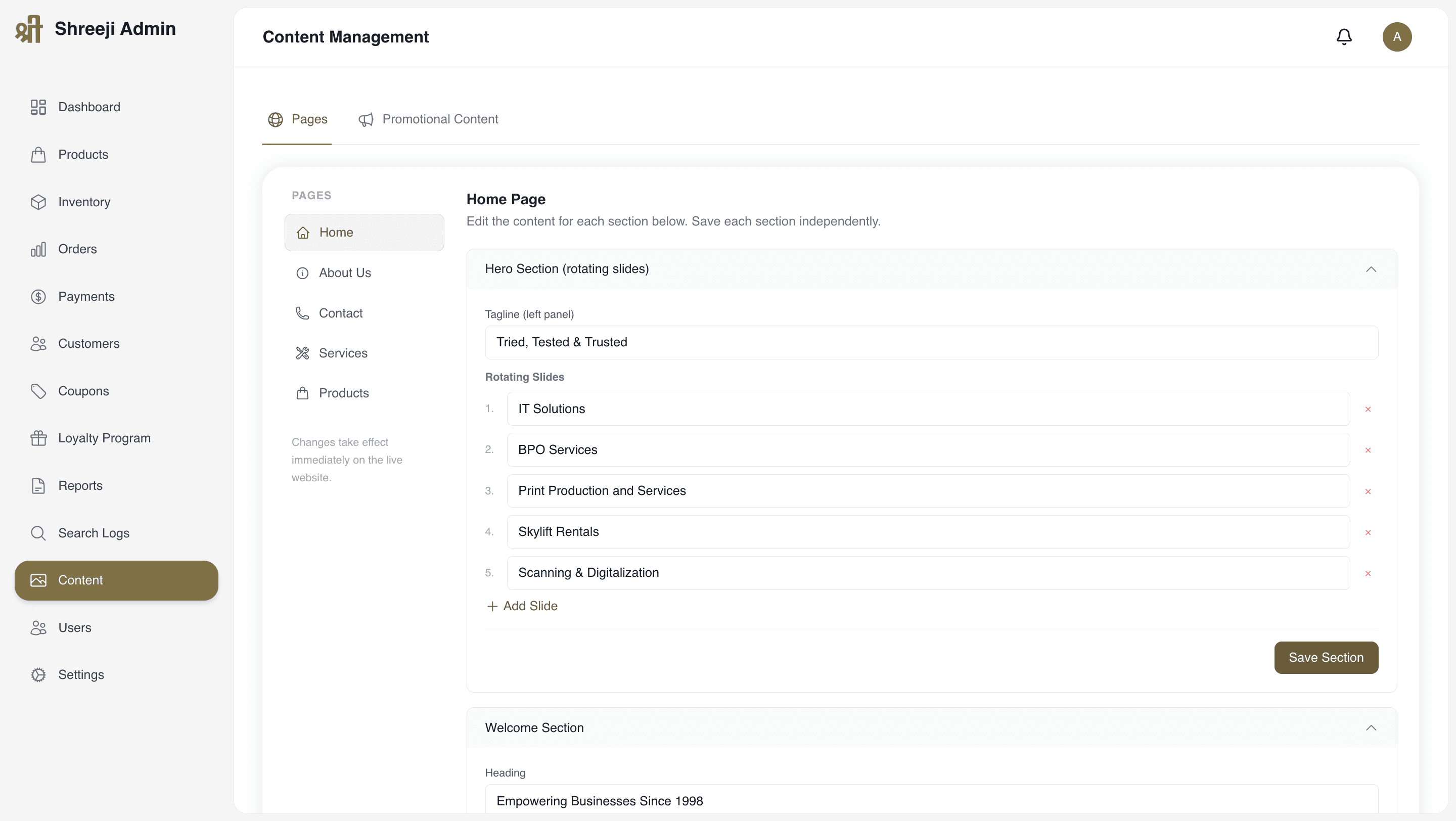 Admin content editor for the home page, editing the hero tagline and its rotating slides