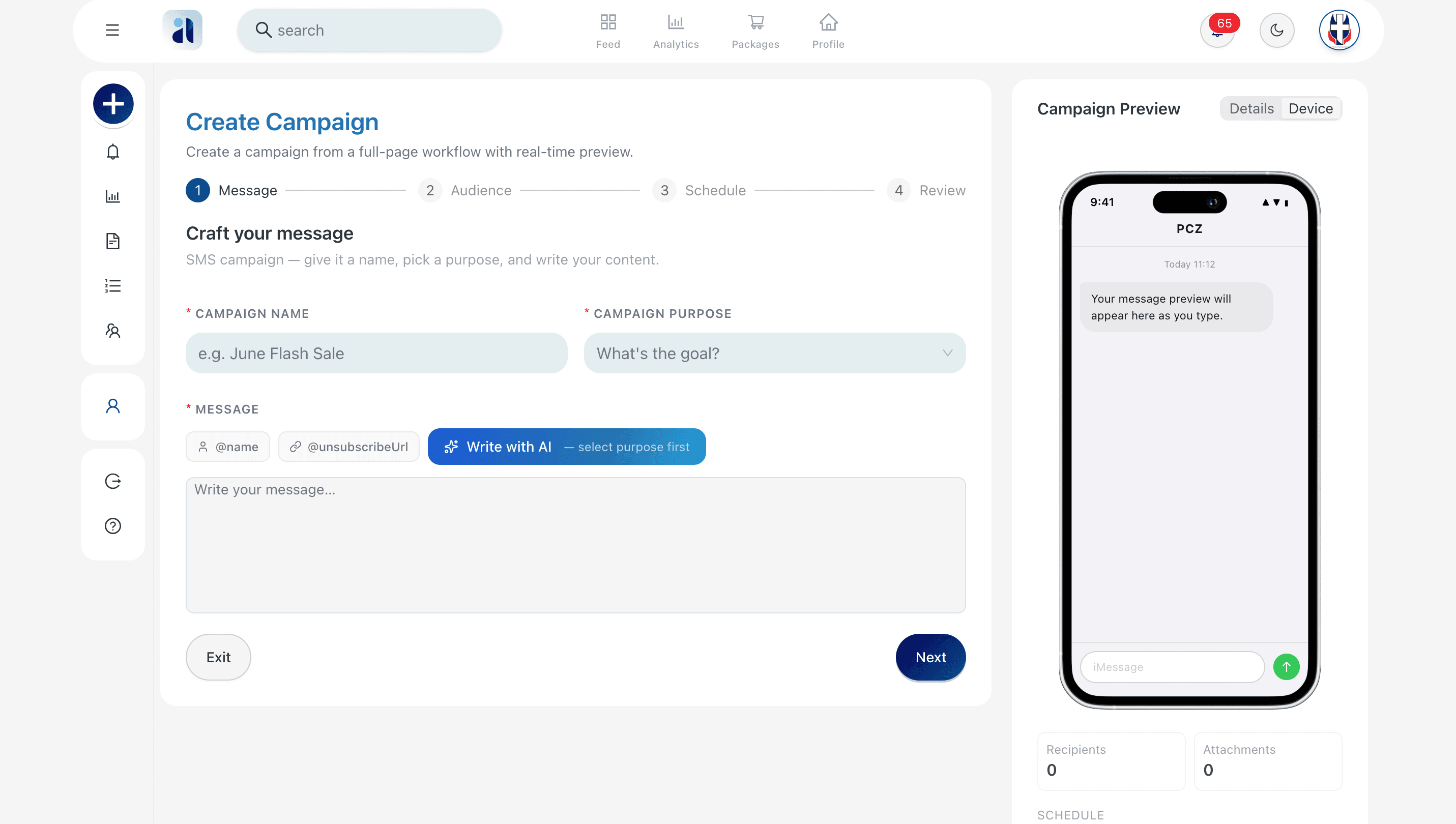 First step of campaign creation: naming an SMS campaign and drafting its message, with a live handset preview alongside