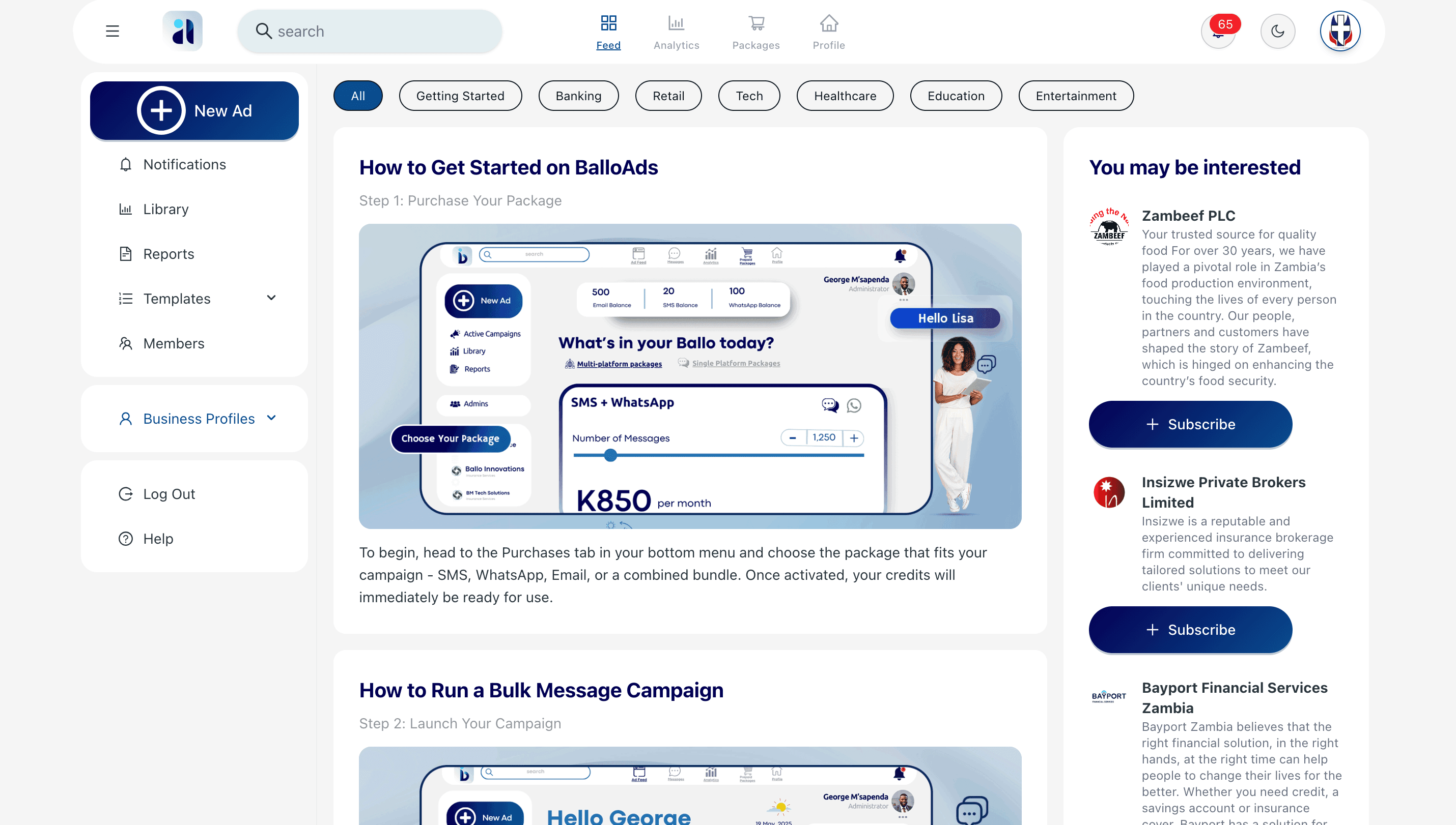 Ad feed filtered by industry, with getting-started guides and a panel of companies to subscribe to