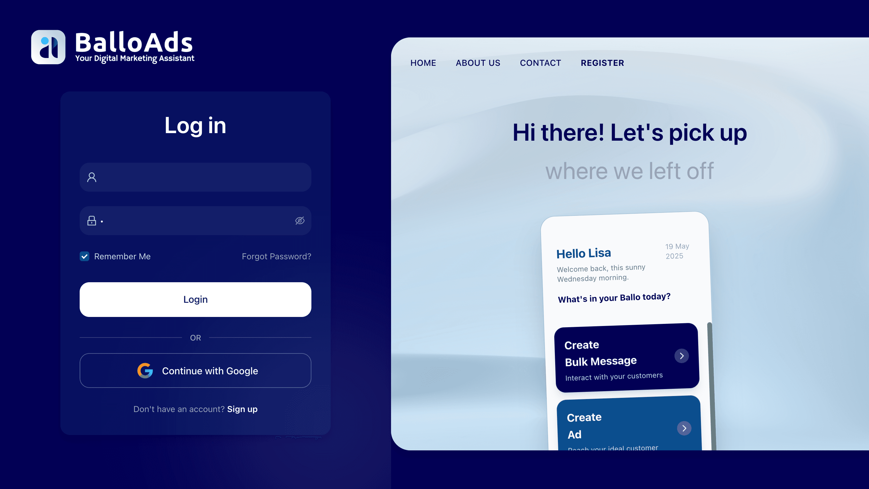 BalloAds sign-in form beside a preview of the app's welcome screen