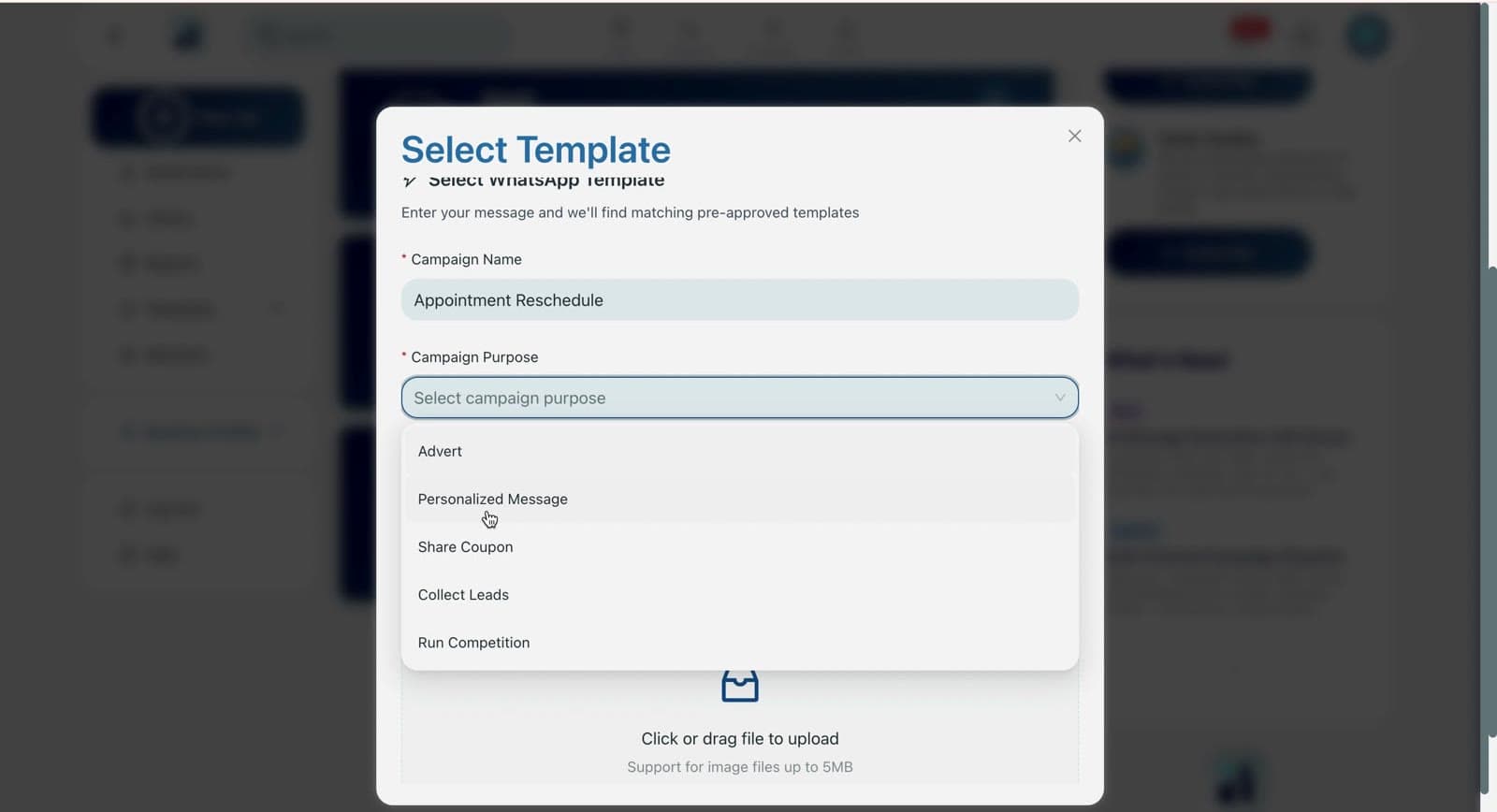 WhatsApp campaign template selection