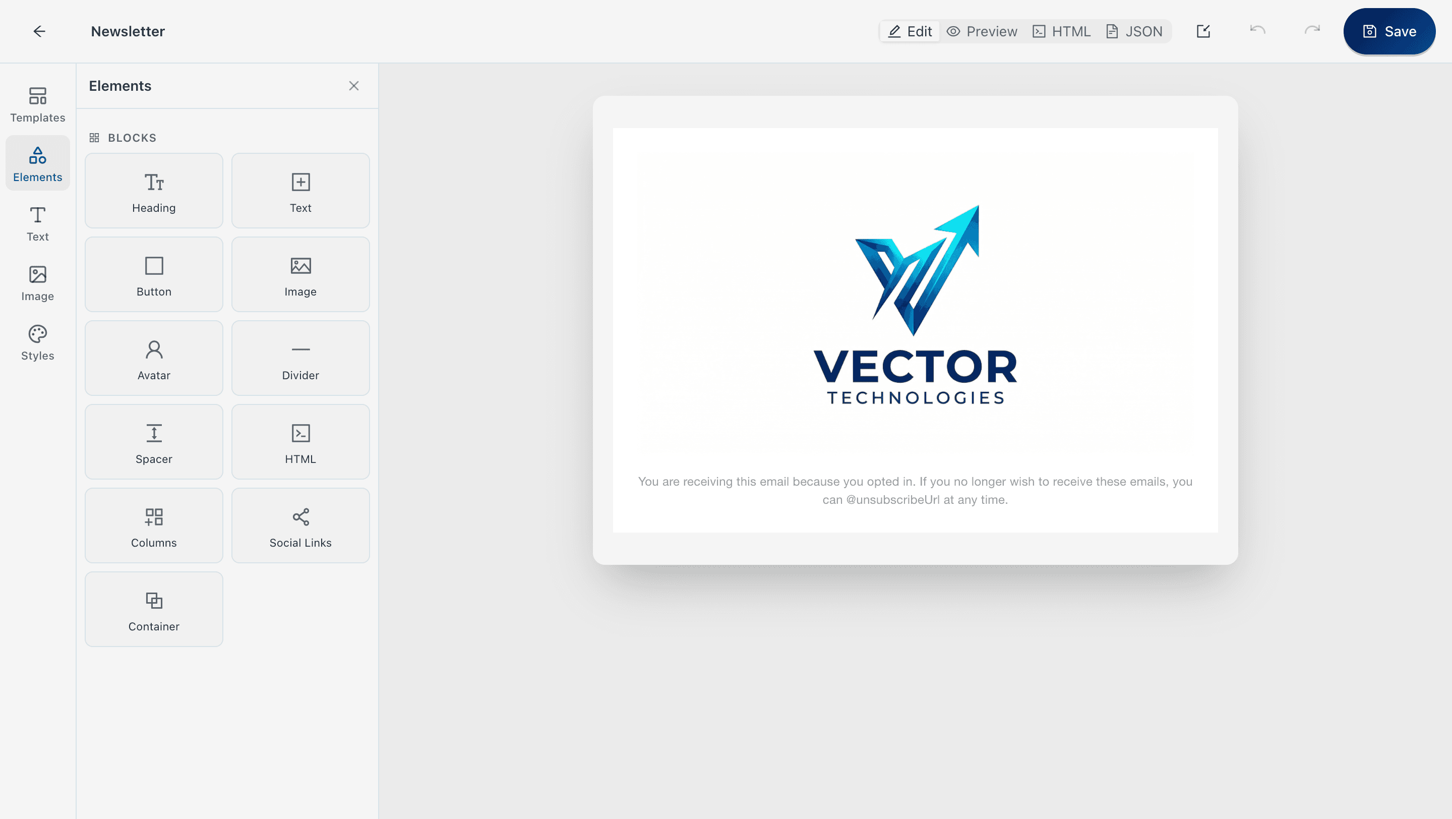 Email template editor with a palette of content blocks and a rendered newsletter preview