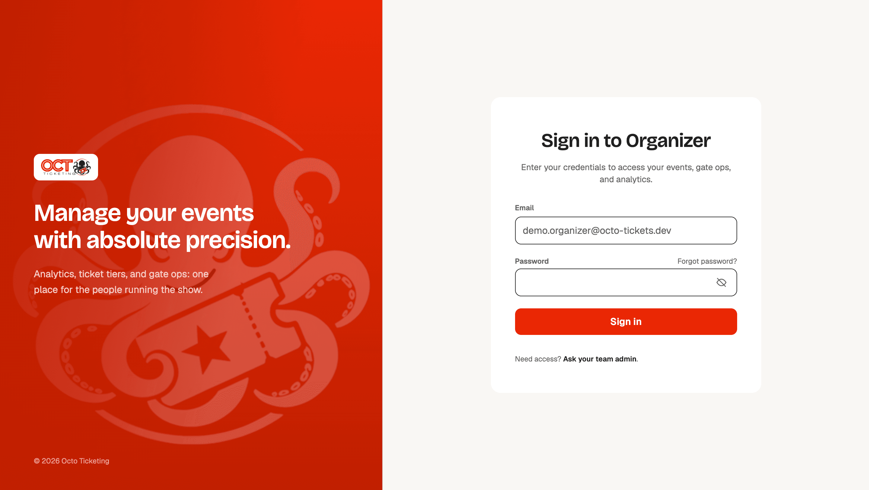 Sign-in screen for the Octo organizer console