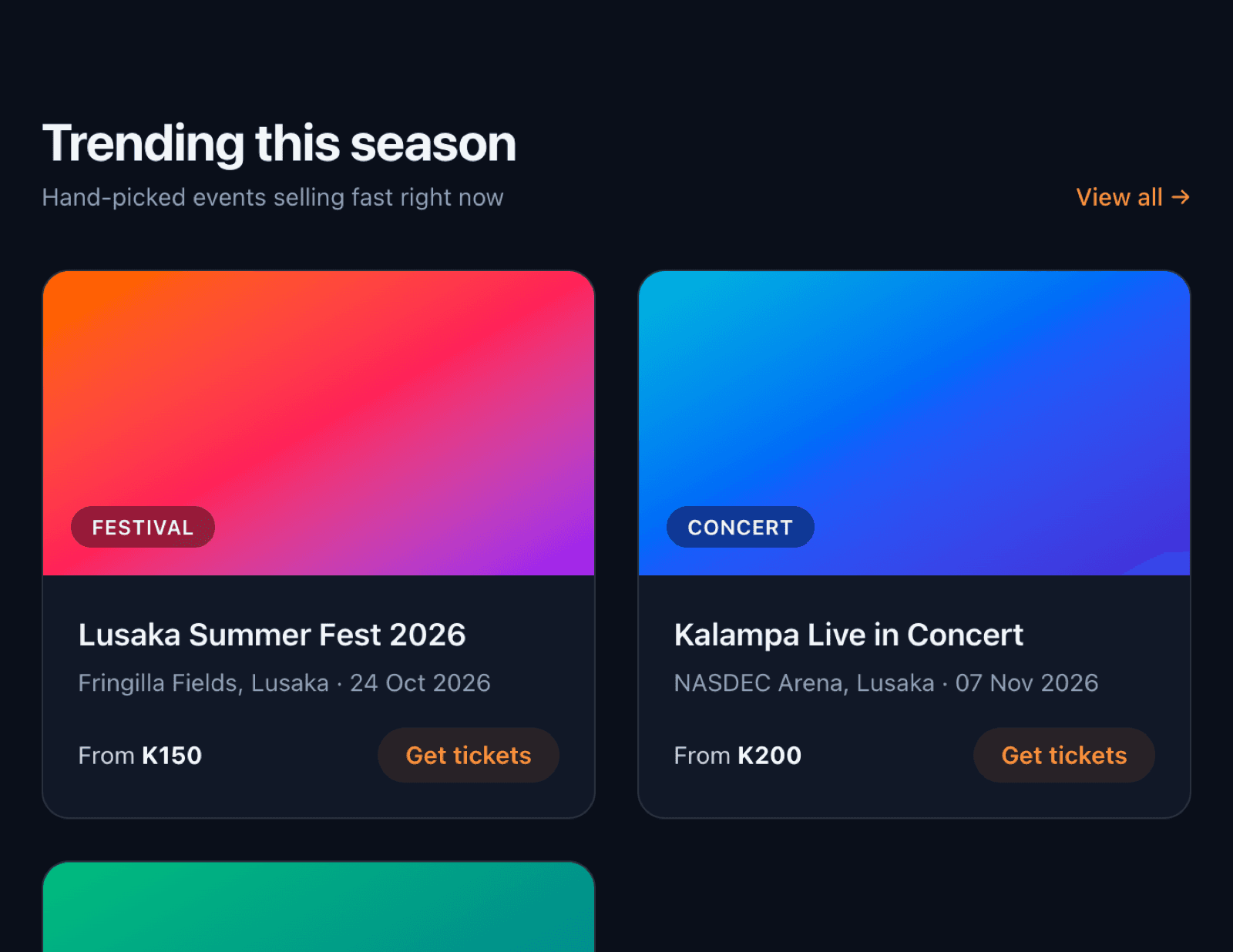 Trending events and ticket cards on Octo