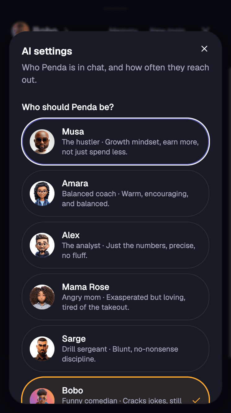 Persona picker for the assistant, offering a hustler, a balanced coach, an analyst, an exasperated parent, a drill sergeant and a comedian
