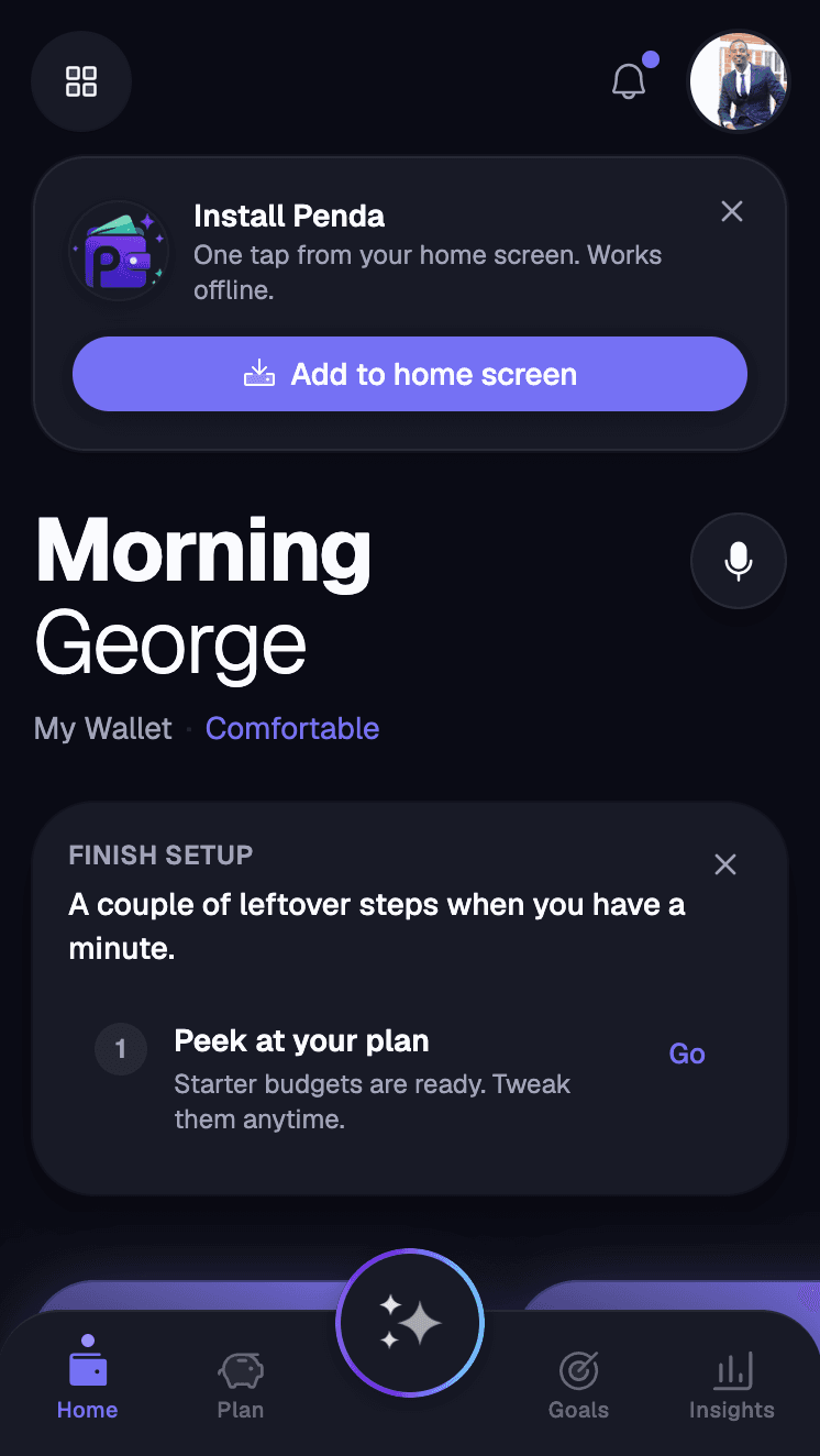 Penda home screen with a morning greeting, an install-to-home-screen prompt and a finish-setup card